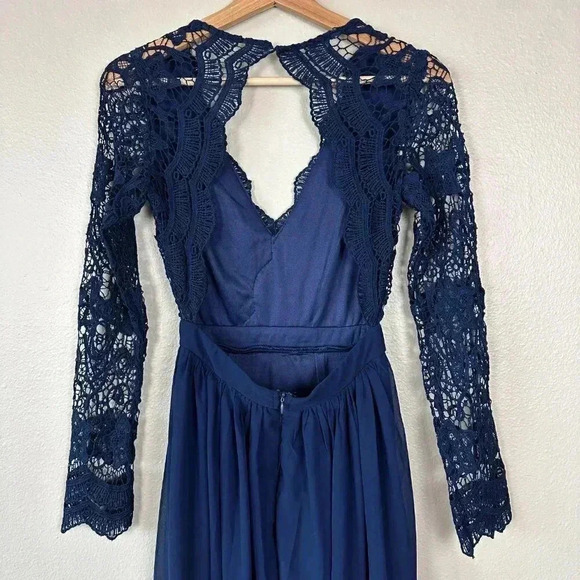 Lulus Maxi Dress Lace Long Sleeve V-Neck Formal Wedding Navy Blue Women's XS - Picture 6 of 10
